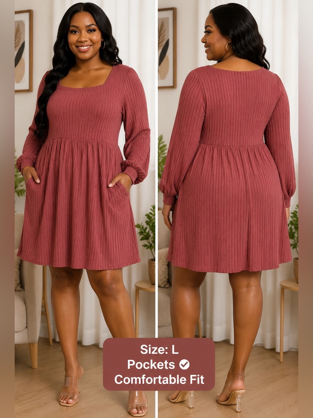 SHERRYRiSE size L BNWT Rose Pink Ribbed Dress With Pockets Long Sleeve